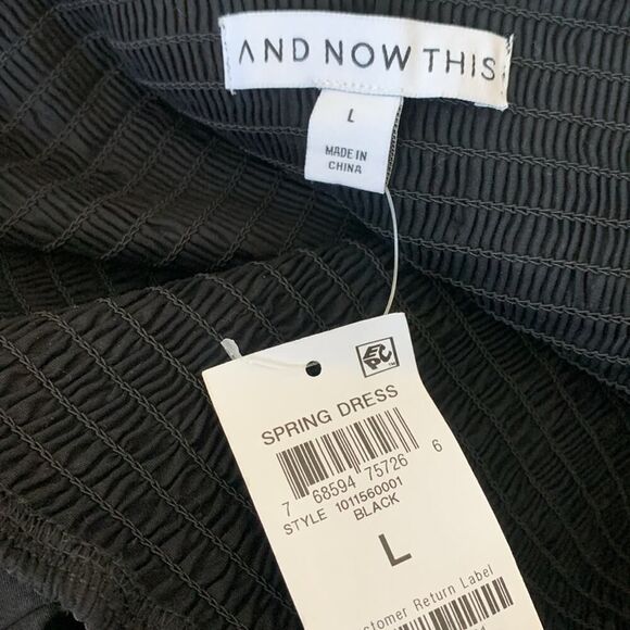 And Now This Mini Dress Large Smocked Short Puff Sleeves A-Line Cotton Black New - Picture 7 of 11